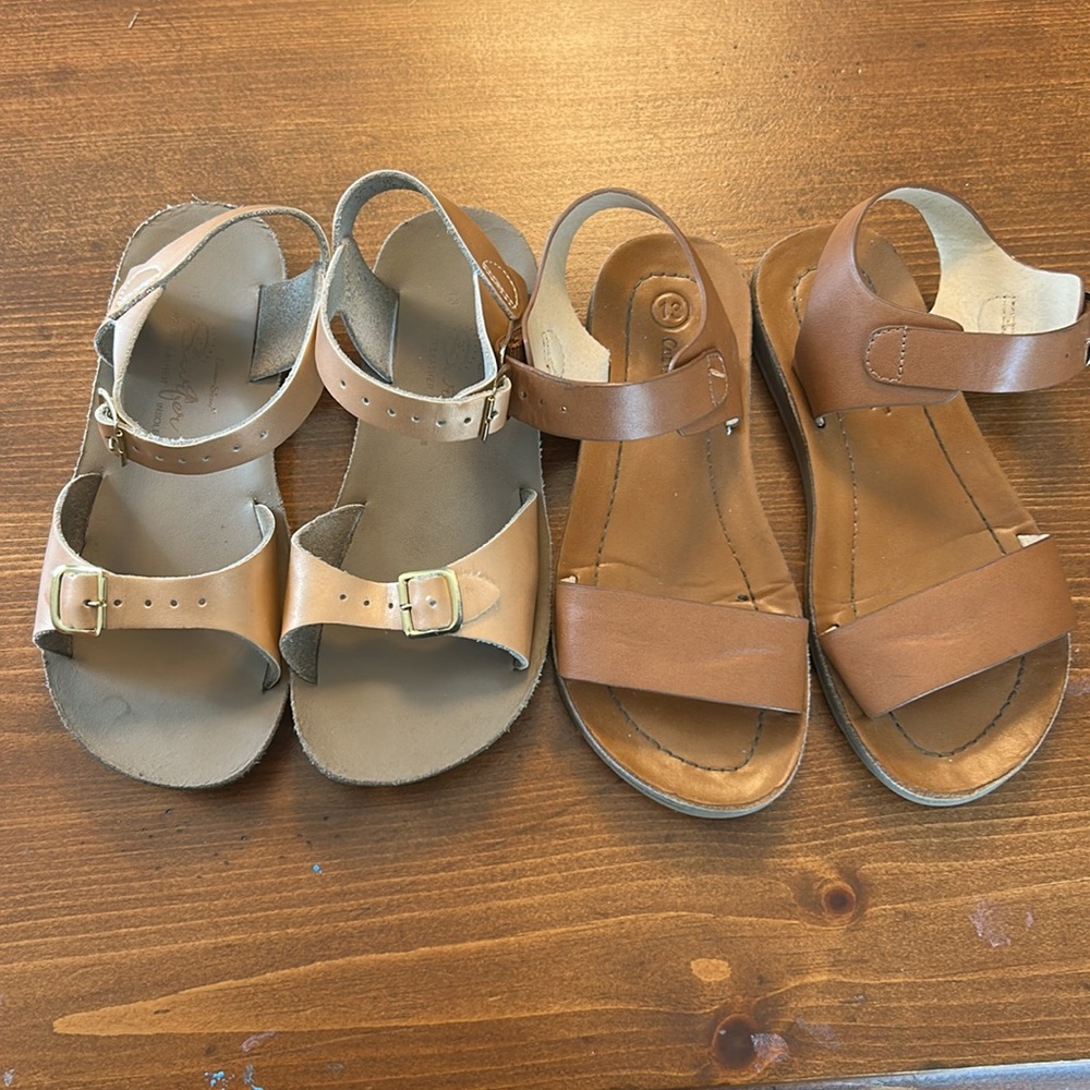 2 pairs of sandals, size 13, cat and Jack brown, surfer rose gold